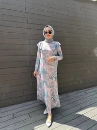 Noi 64214 Pudra Jarse Japanese Summer Desenli Omuzları Volanlı Elbise