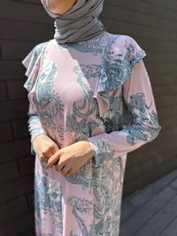 Noi 64214 Pudra Jarse Japanese Summer Desenli Omuzları Volanlı Elbise
