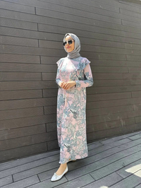 Noi 64214 Pudra Jarse Japanese Summer Desenli Omuzları Volanlı Elbise