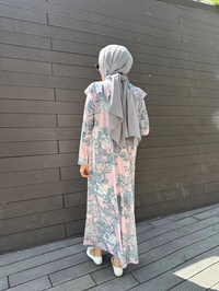 Noi 64214 Pudra Jarse Japanese Summer Desenli Omuzları Volanlı Elbise