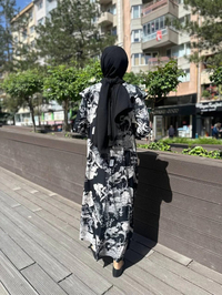 Noi 64214 Siyah Jarse Japanese Summer Desenli Omuzları Volanlı Elbise