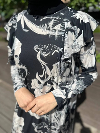 Noi 64214 Siyah Jarse Japanese Summer Desenli Omuzları Volanlı Elbise
