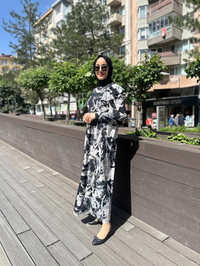 Noi 64214 Siyah Jarse Japanese Summer Desenli Omuzları Volanlı Elbise