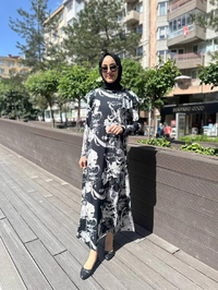 Noi 64214 Siyah Jarse Japanese Summer Desenli Omuzları Volanlı Elbise