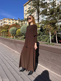 Noi 74105 Kahverengi Krep Jarse Pantolon Etekli Takım