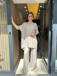 Nuss Triko 23K5005 Bej Saten Leopar Desen Pantolonlu Takım