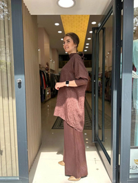 Nuss Triko 23K5005 Kahve Saten Leopar Desen Pantolonlu Takım
