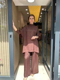 Nuss Triko 23K5005 Kahve Saten Leopar Desen Pantolonlu Takım
