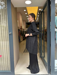 Nuss Triko 23K5005 Siyah Saten Leopar Desen Pantolonlu Takım