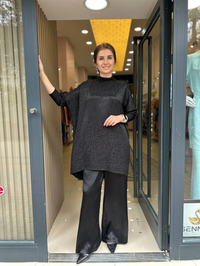 Nuss Triko 23K5005 Siyah Saten Leopar Desen Pantolonlu Takım