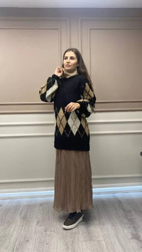 QOOQ 23FW509 Kahve Dar Pilise Etek