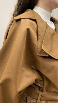 QOOQ 23FW633 Kahve Arkası Ekose Detaylı Trenç
