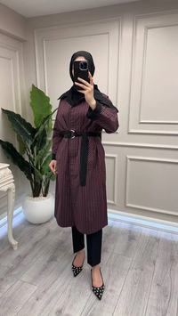 Trenç 3716 Bordo Ekose Desen Kemerli Kap