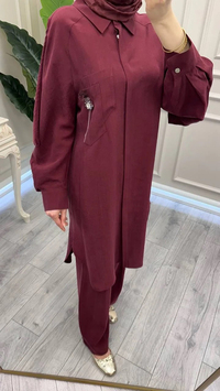 Trenç 3755 Bordo Yakası Broş Detaylı Kap Pantolon Takım