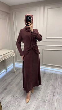 Wennora 1002 Bordo Kemer ve Bel Detaylı Elbise
