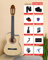 Natural Klasik Gitar 4/4 Yetişkin Boy Sap Ayarlı Kesik Kasa Full Set (Çanta, Capo, Askı, Pena, Dijital Tuner)