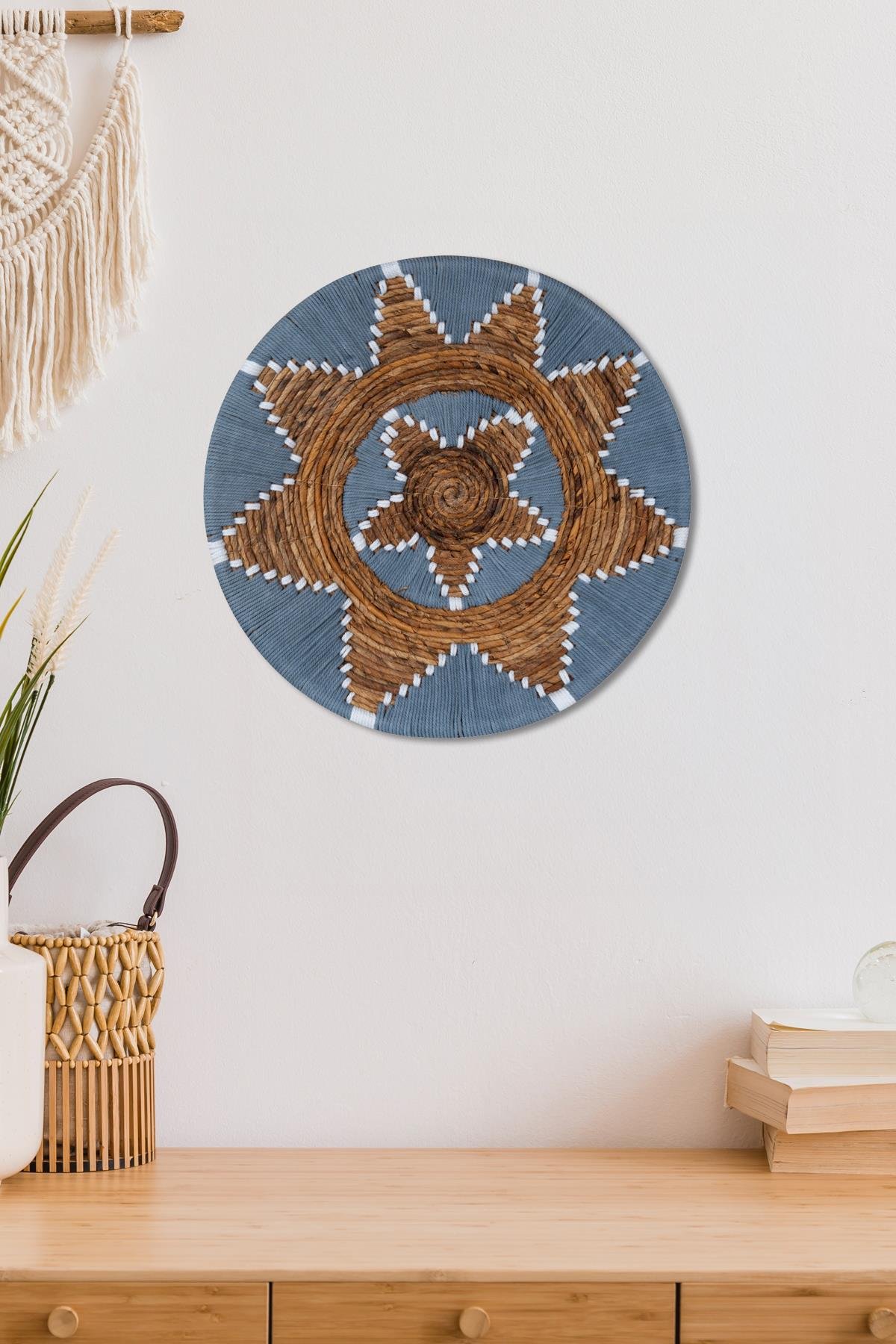 Bohem Hasır Yuvarlak Duvar Dekoru Bambu ve Makrome İle Yapılan Duvar Süsü 50 cm x 50 cm