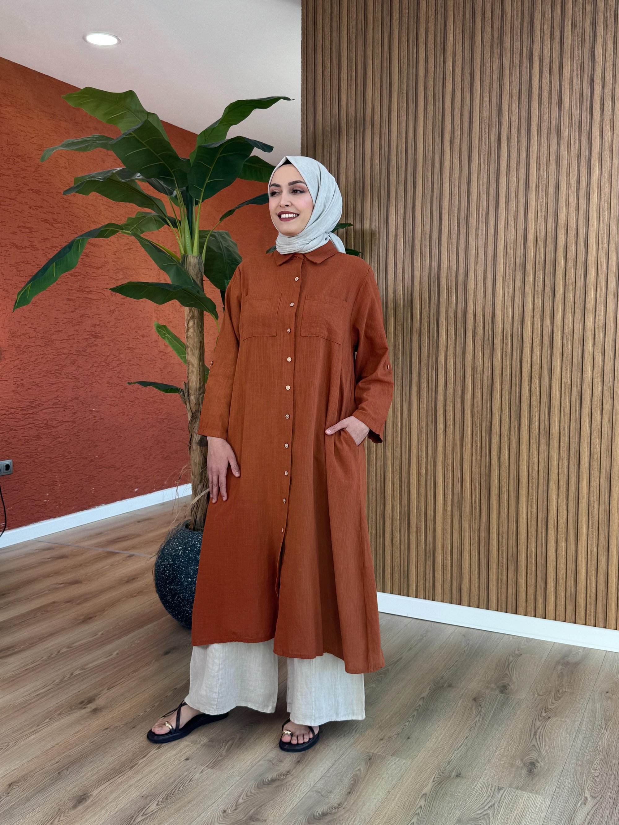 Asude İthal Keten Tunik - Kiremit