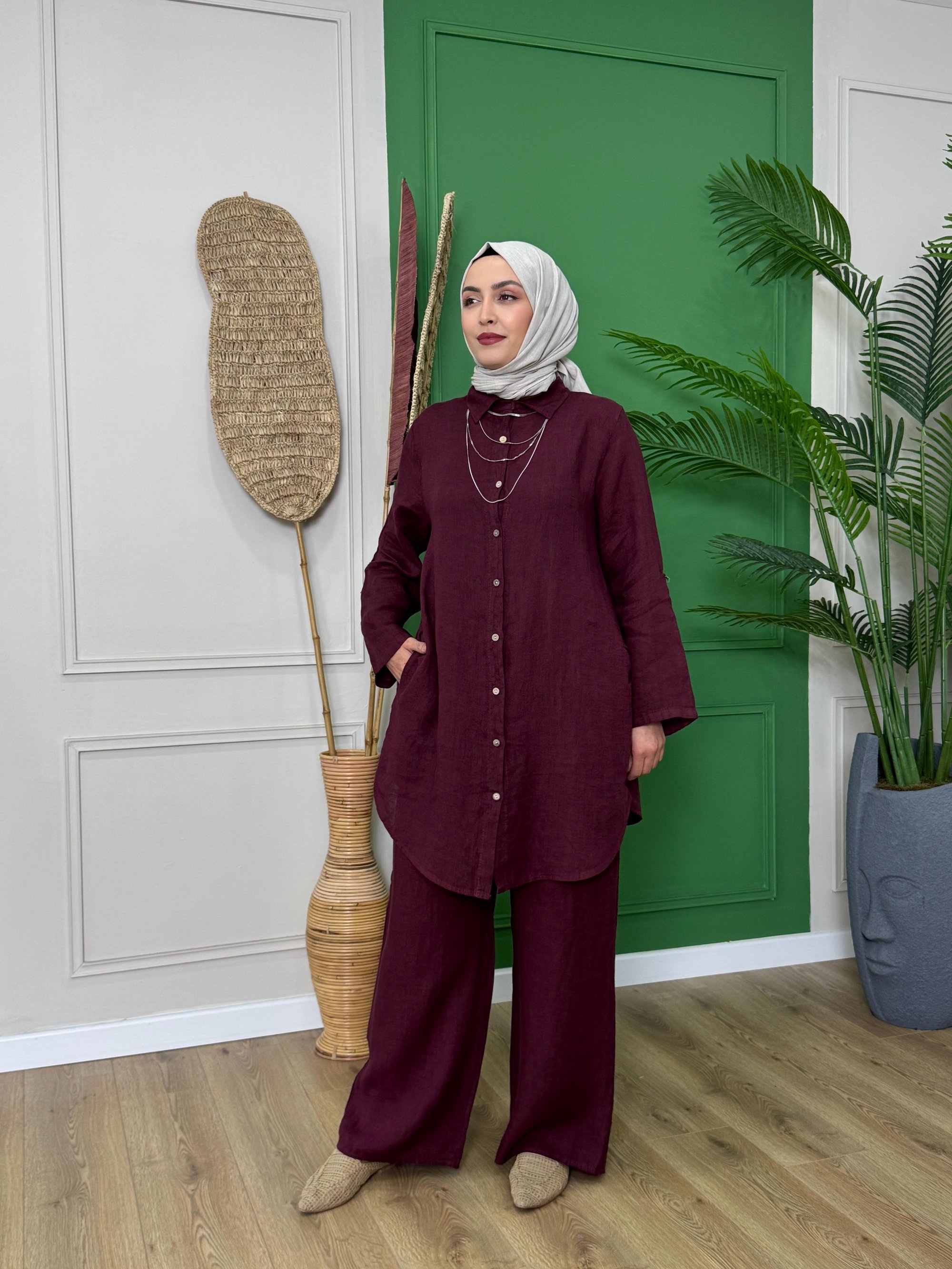 Kadın % 100 Ham Keten Takım-Mürdüm