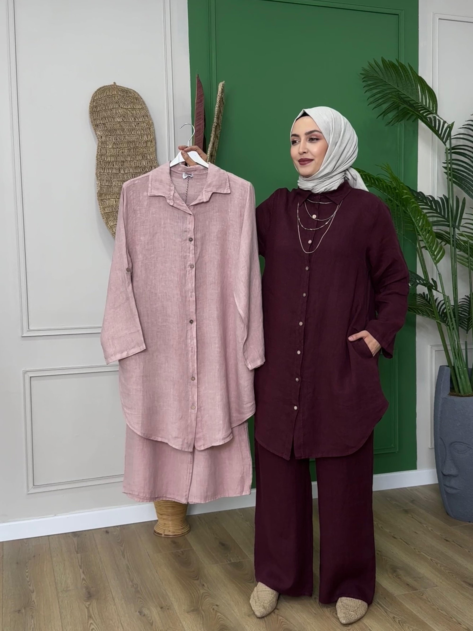 Kadın % 100 Ham Keten Takım-Pudra