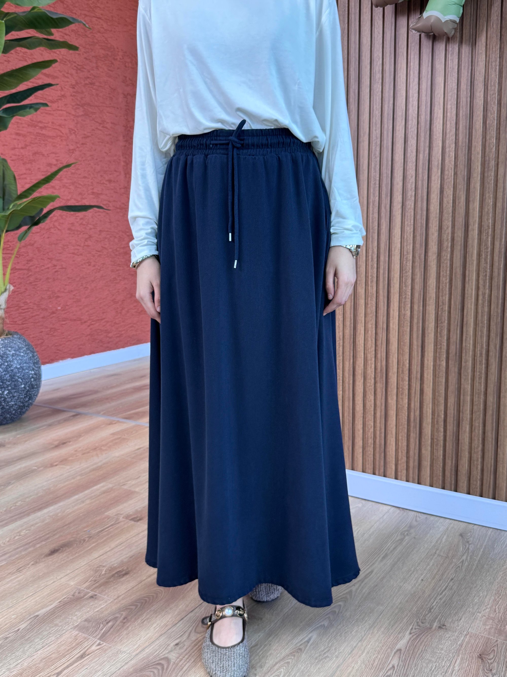 Kadın Kloş  Tencel Kumaş Etek-Lacivert