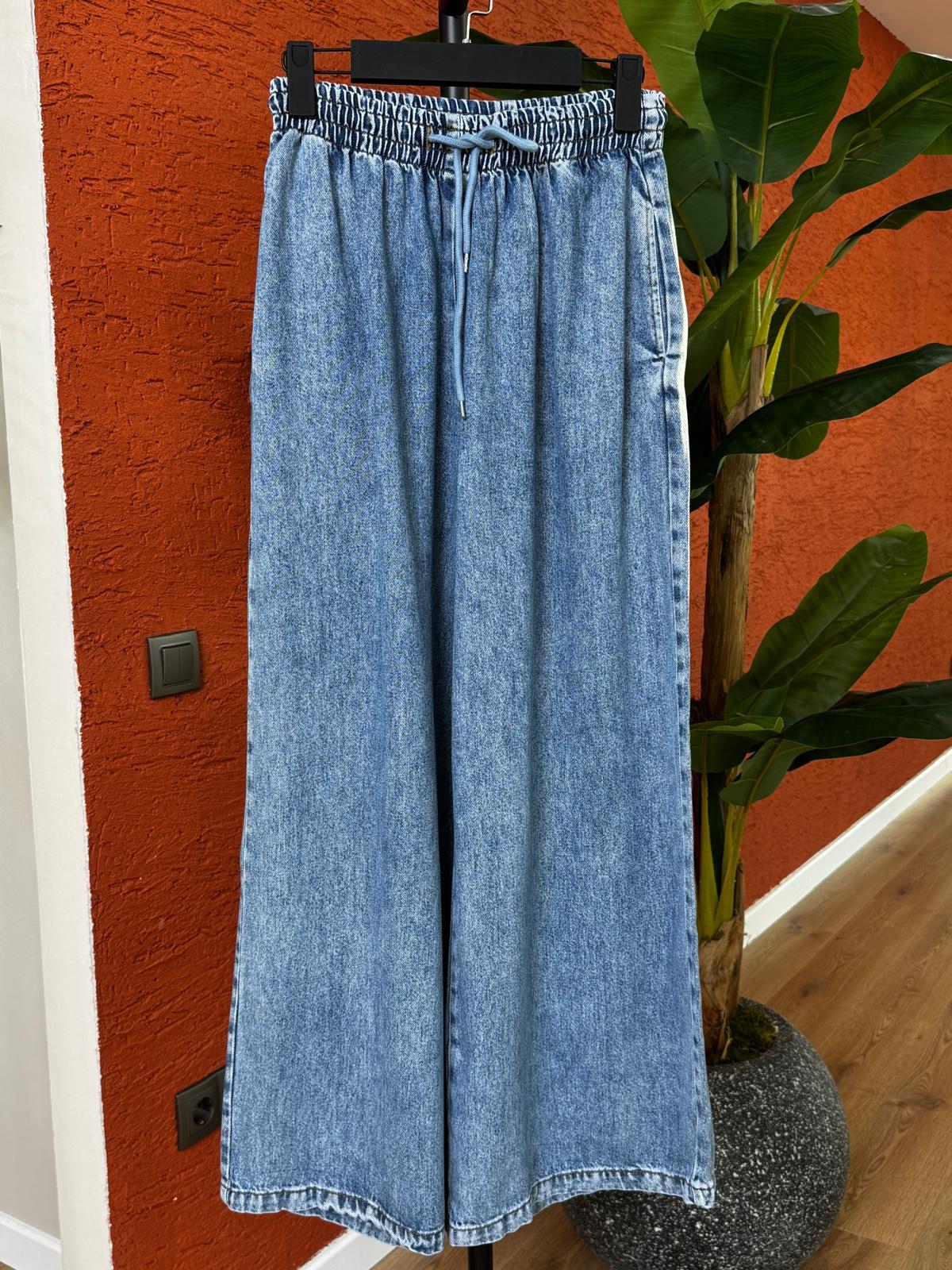 Kadın Tencel Bol Paça Etekli Kot Pantolon-açık mavi