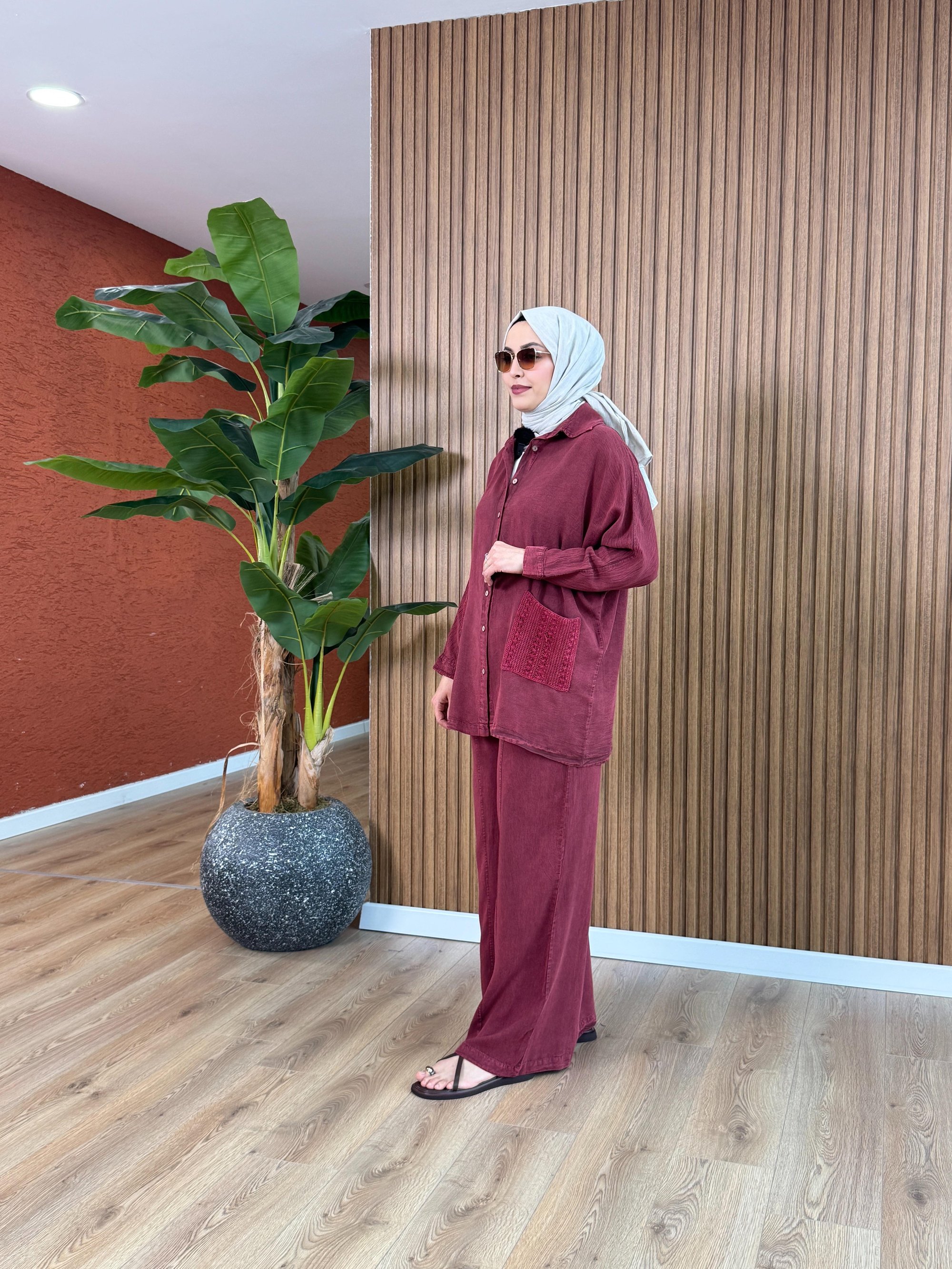 Liva Organik Pamuk Kumaş Pantolonlu Takım - Bordo