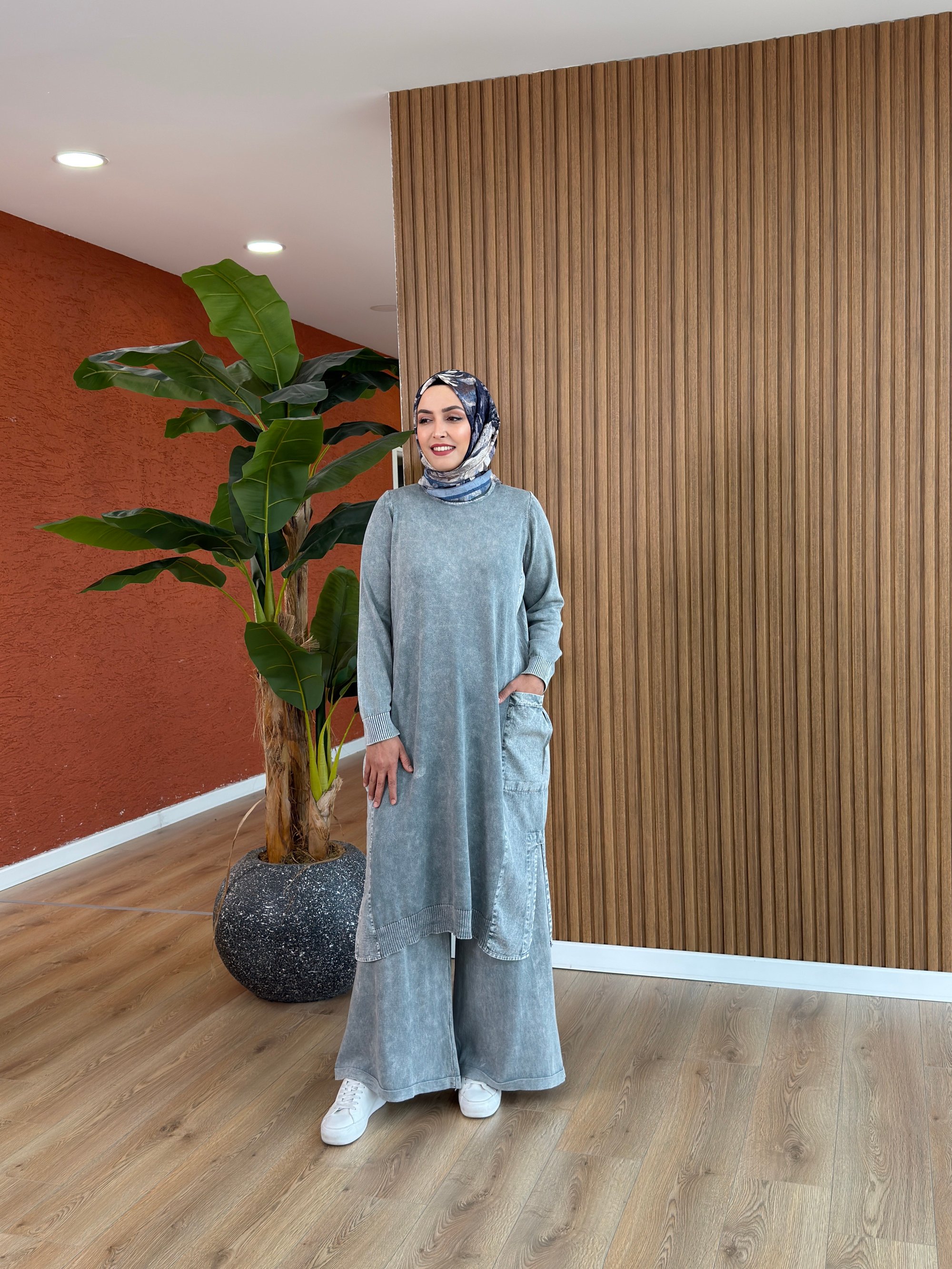 Loren % 100 Pamuk Tencel Detay Tunik-Gri