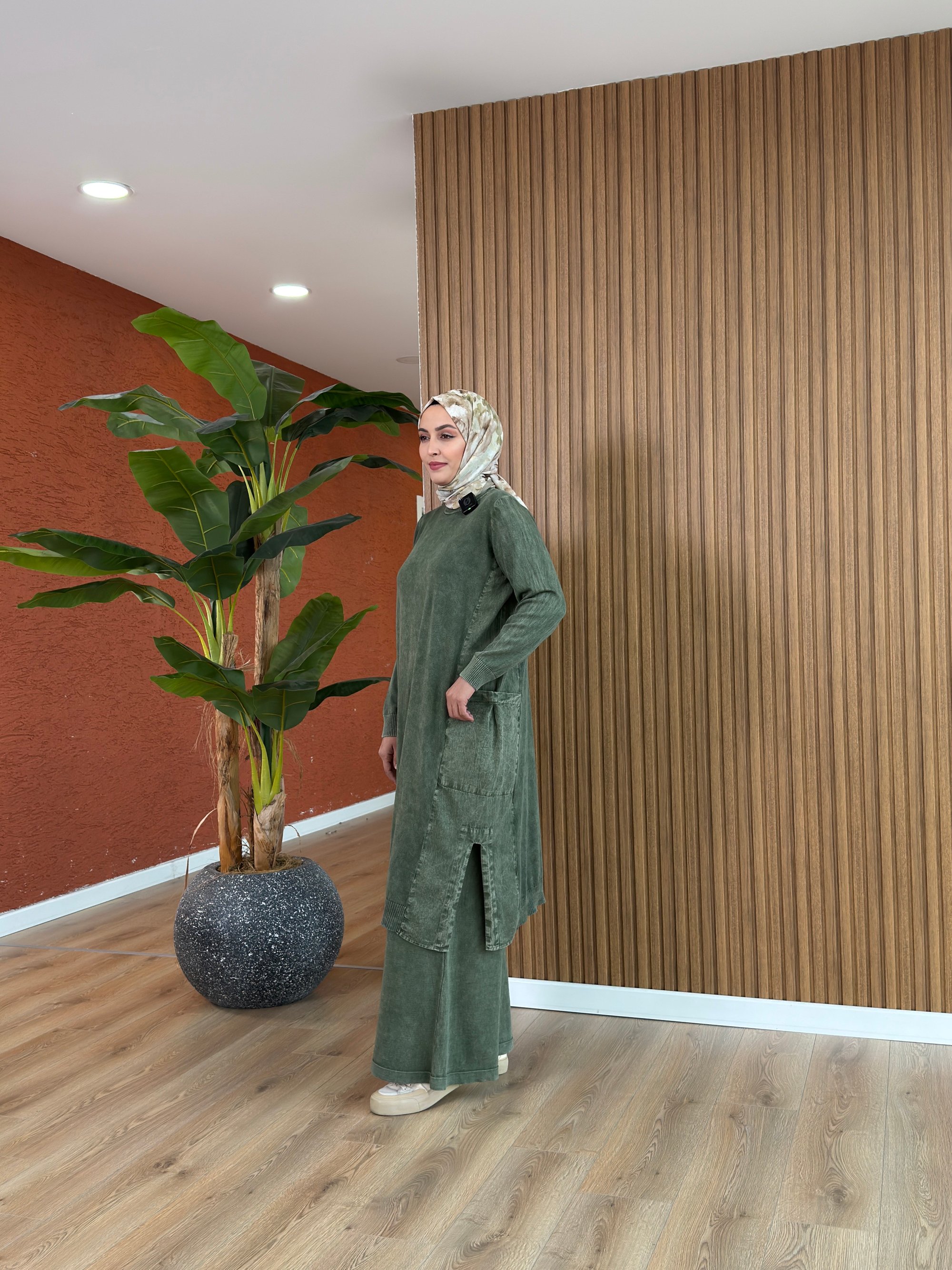 Loren % 100 Pamuk Tencel Detay Tunik-Haki