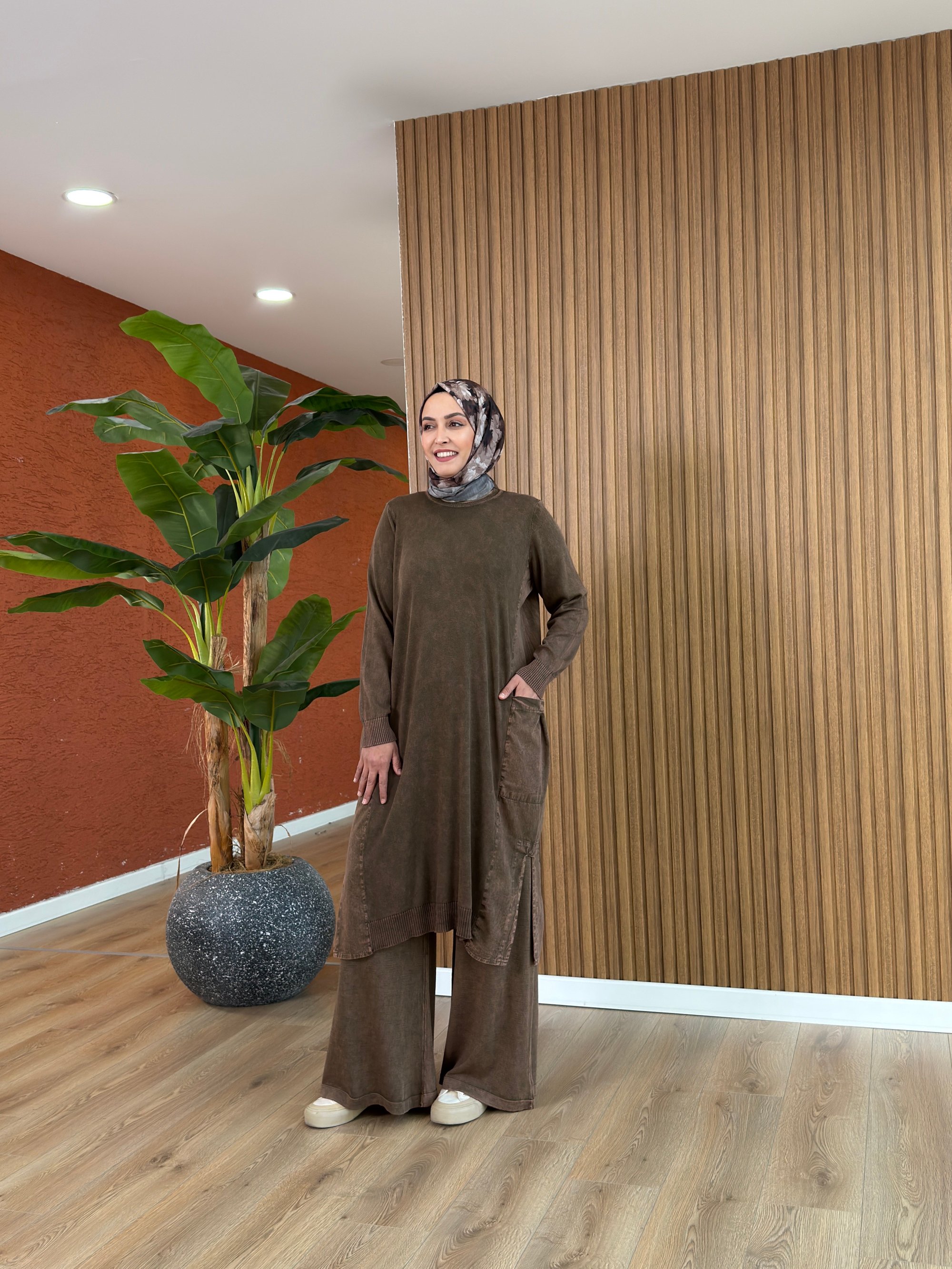 Loren % 100 Pamuk Tencel Detay Tunik-Kahverengi