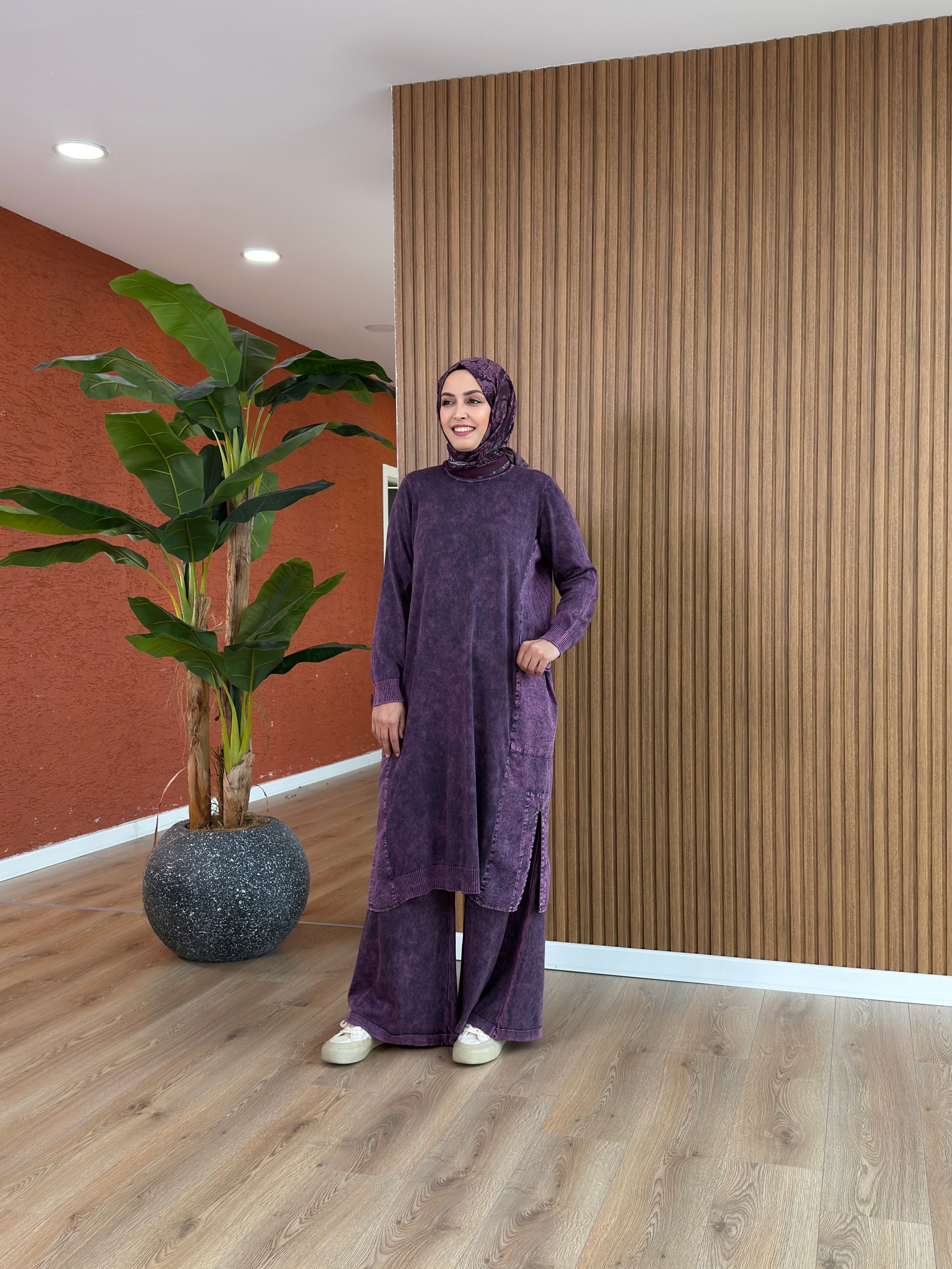 Loren % 100 Pamuk Tencel Detay Tunik-Mor