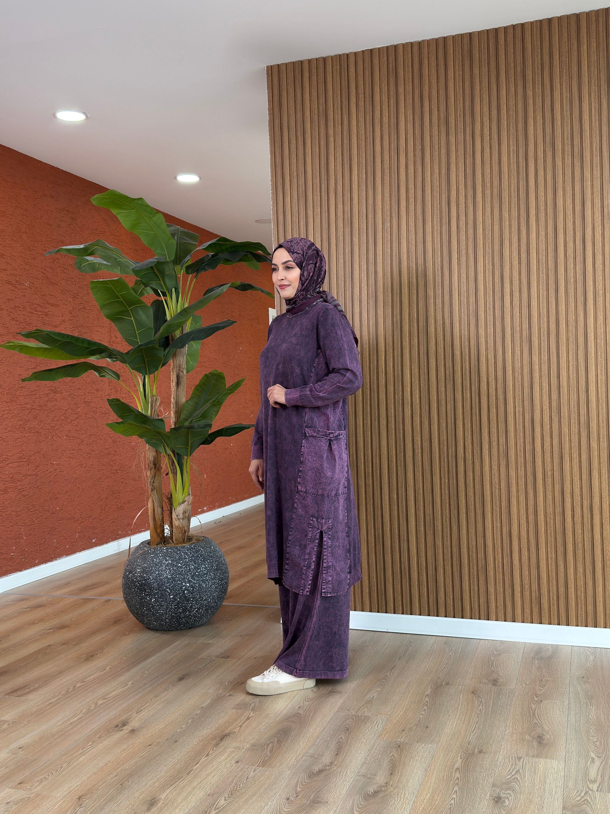 Loren % 100 Pamuk Tencel Detay Tunik-Mor