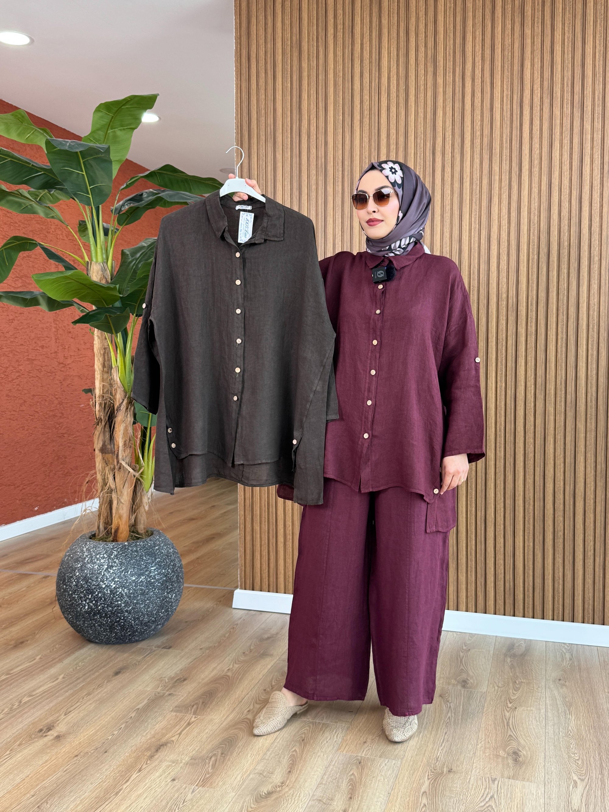 Nur İthal Ham Keten Tunik - Kahverengi