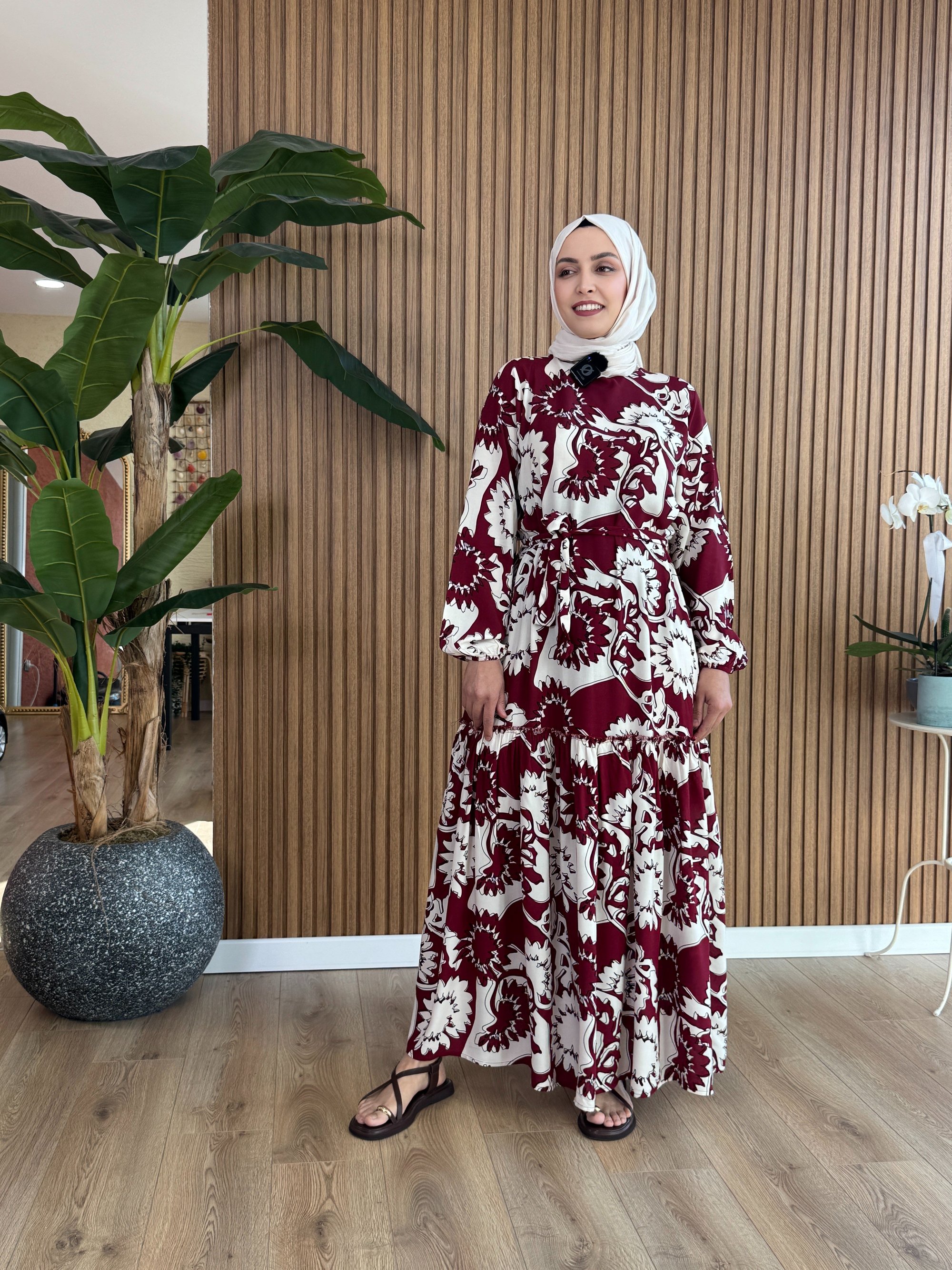 Aylin Viskon Pamuk Elbise - Bordo