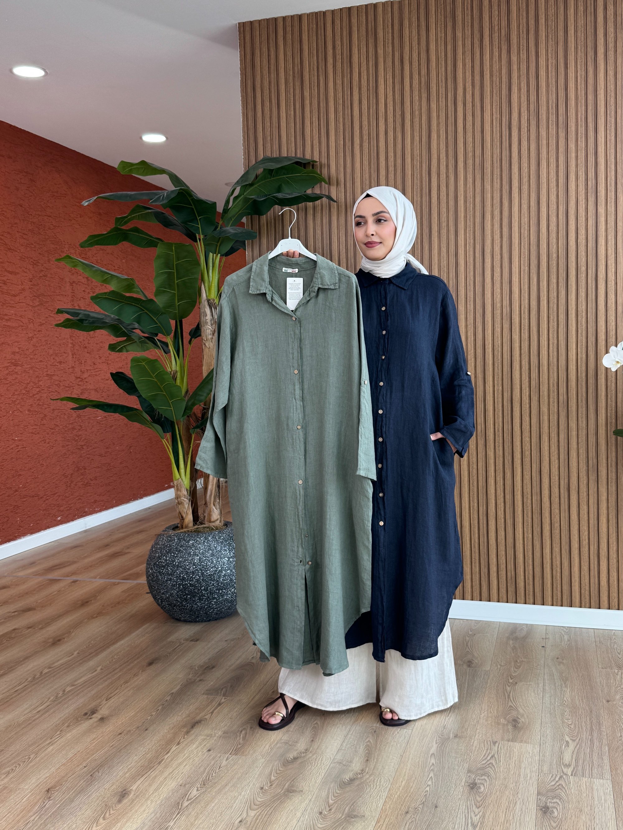 Kadın % 100 Ham Keten Sevgi Tunik-Haki