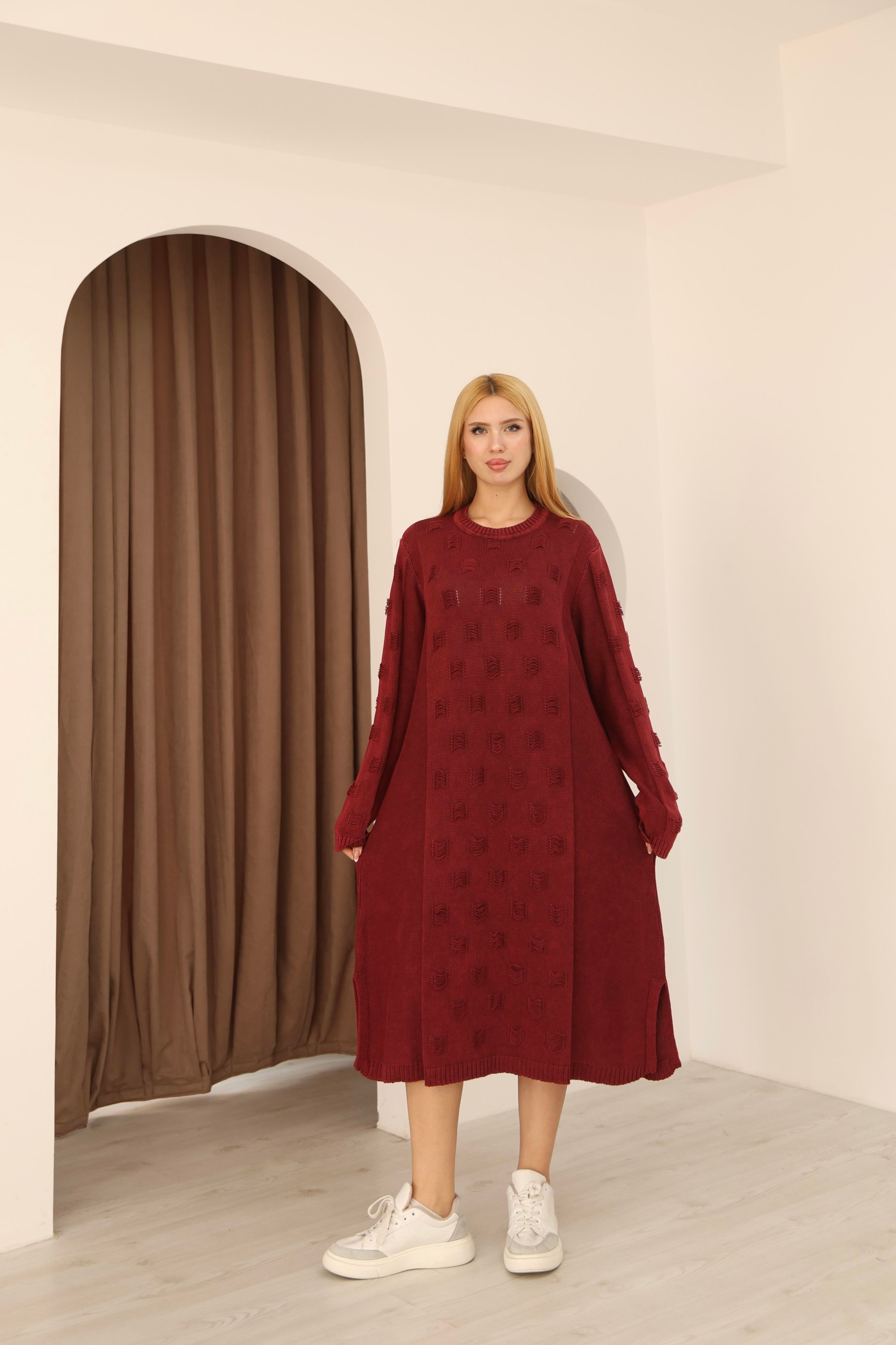 Kadın % 100 Pamuk Dokulu Tunik Elbise -Bordo