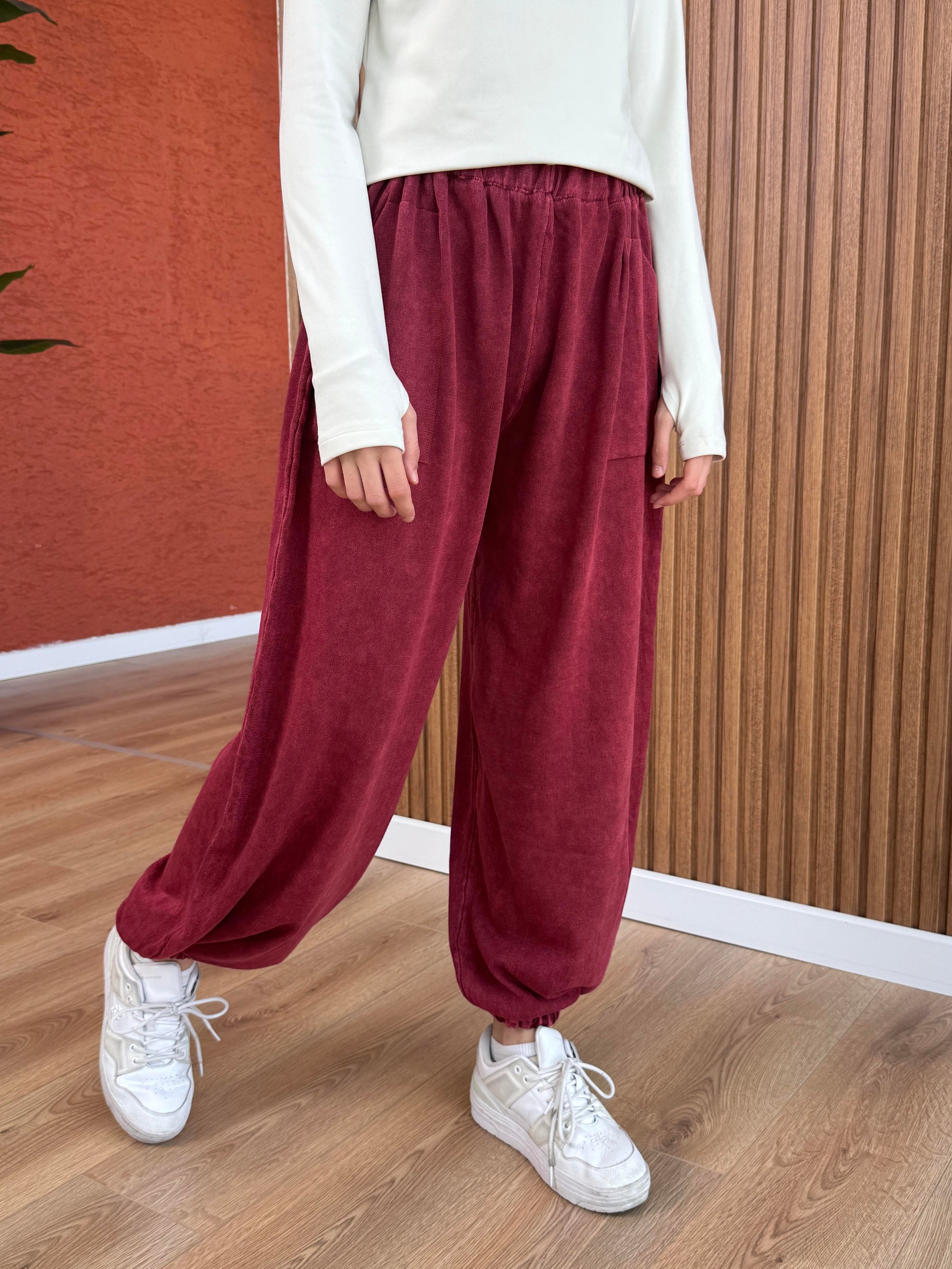 Kadın % 100 Pamuk Pantolon -Bordo
