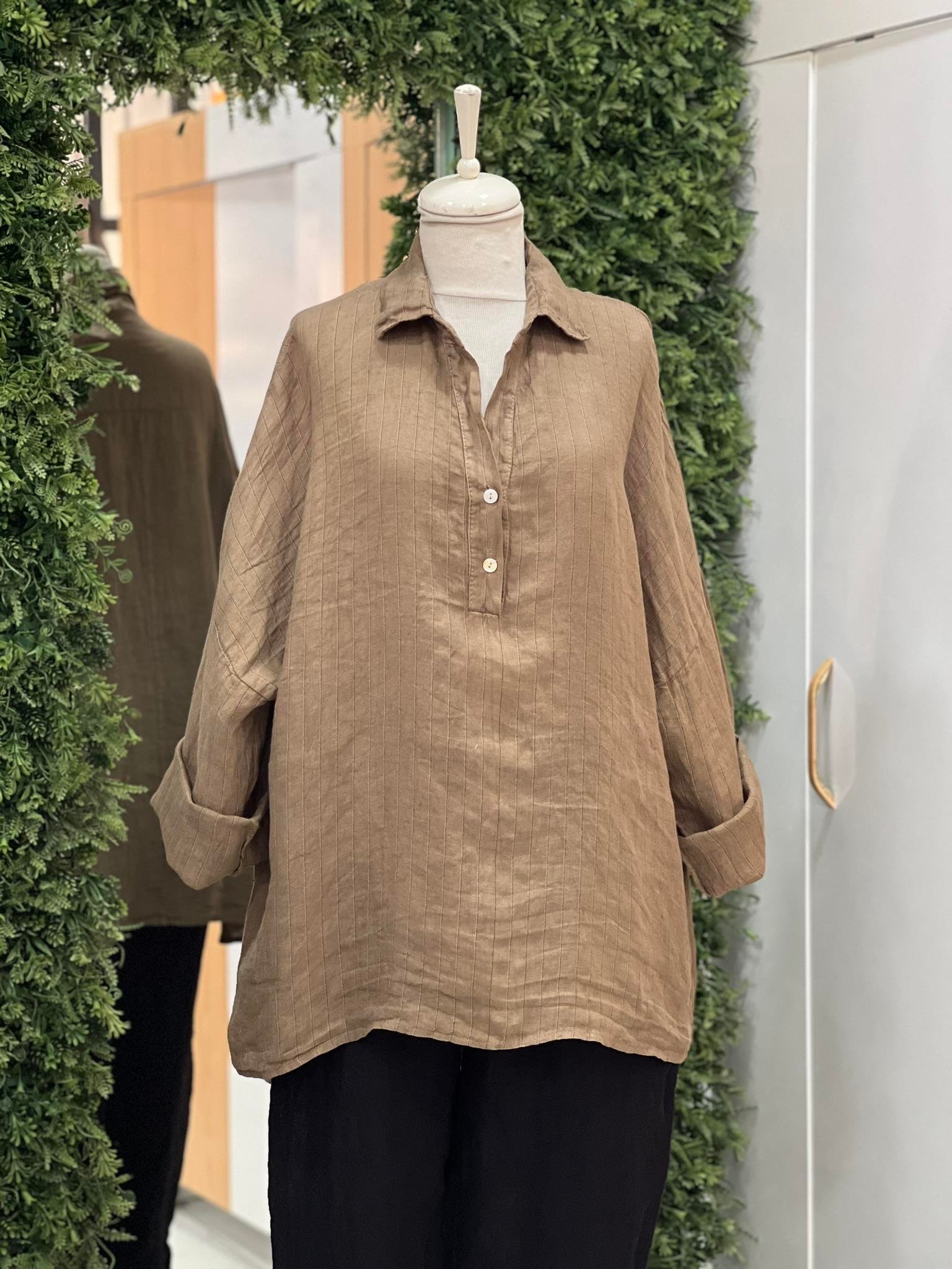 Kadın Çizgili Oversize Tunik Gömlek - Açık Kahve