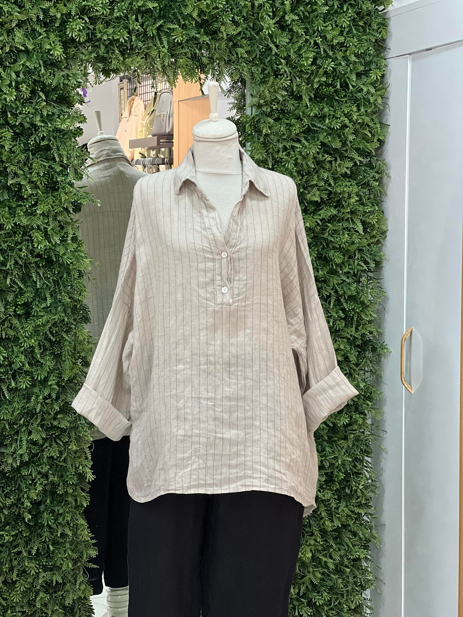 Kadın Çizgili Oversize Tunik Gömlek - Bej