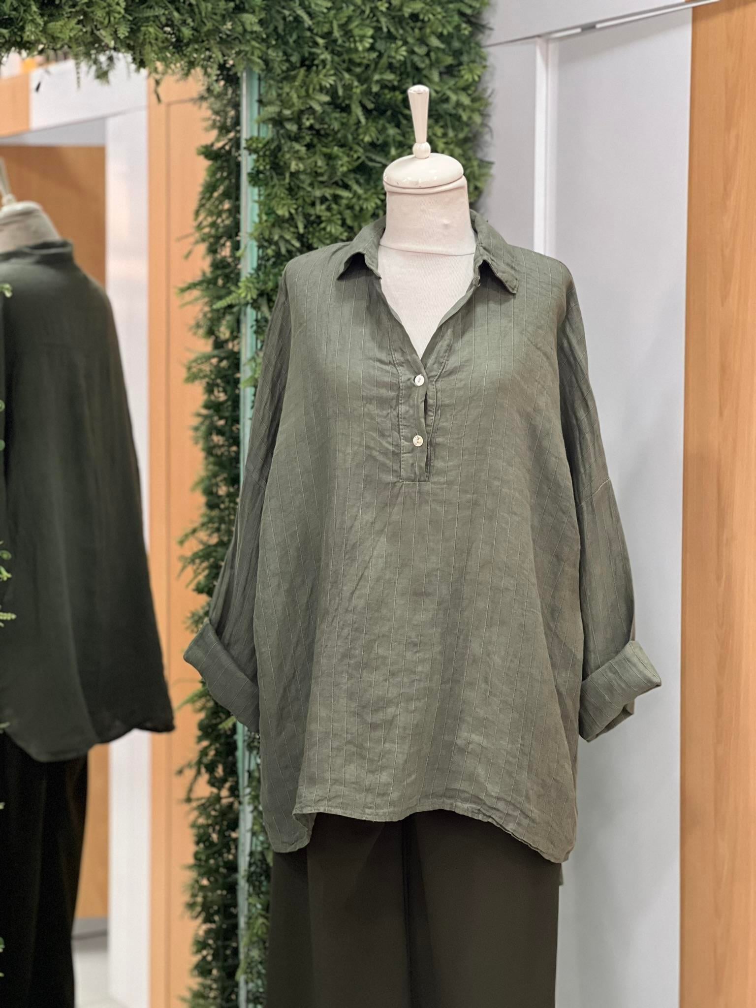 Kadın Çizgili Oversize Tunik Gömlek - Haki