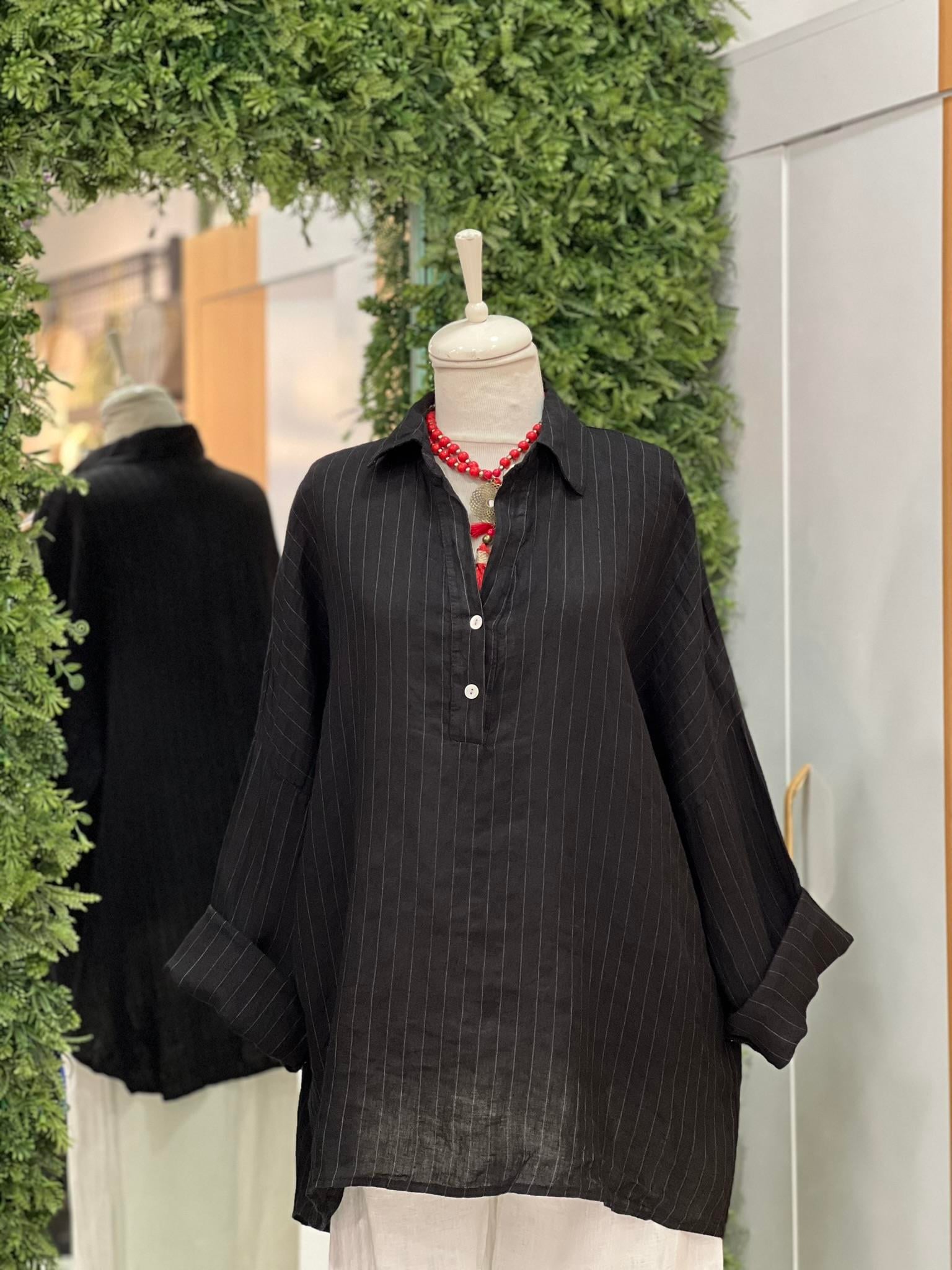 Kadın Çizgili Oversize Tunik Gömlek - Siyah 