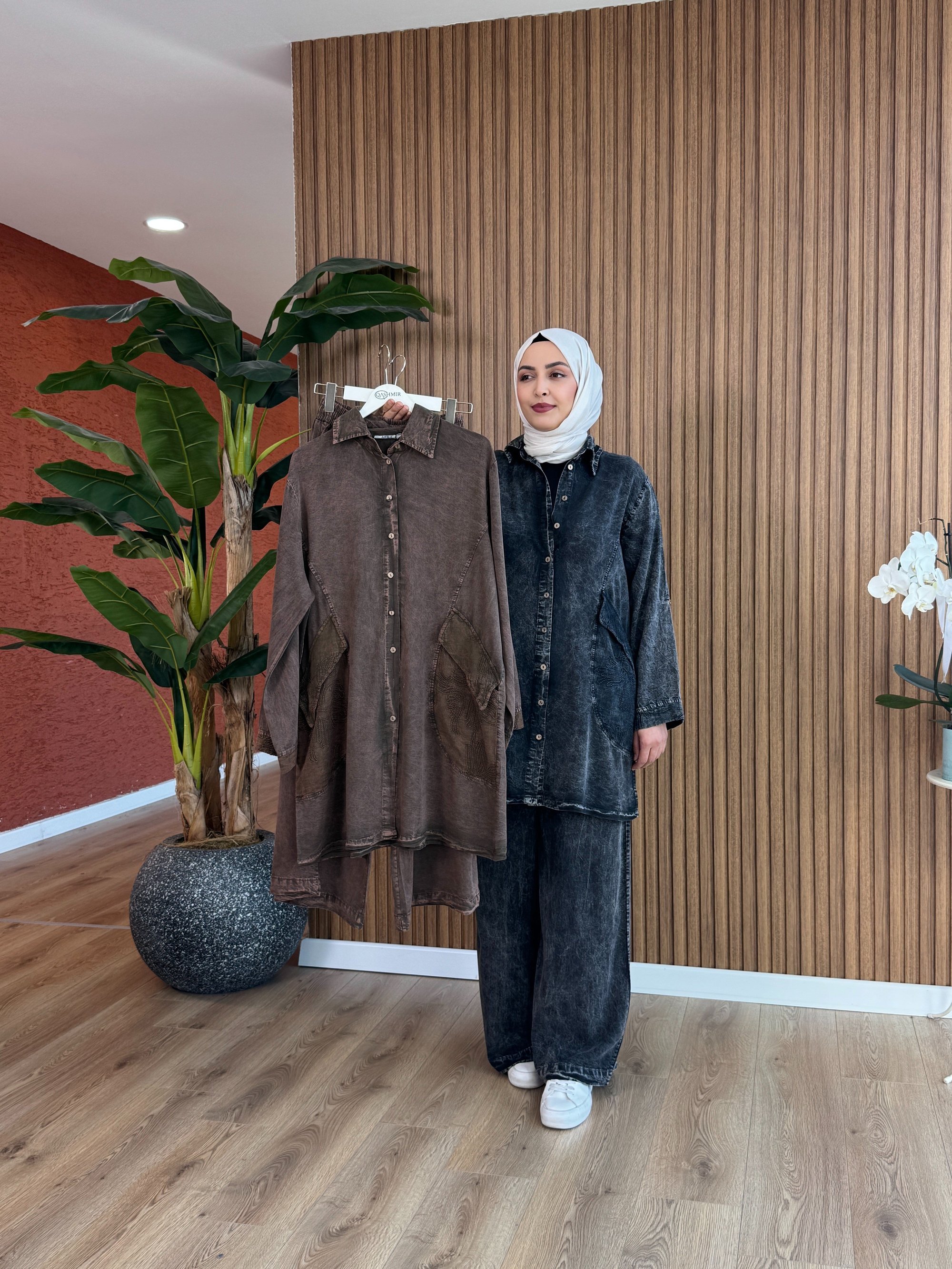 Mercan Tensel Ara Boy Pamuk Takım - Kahverengi