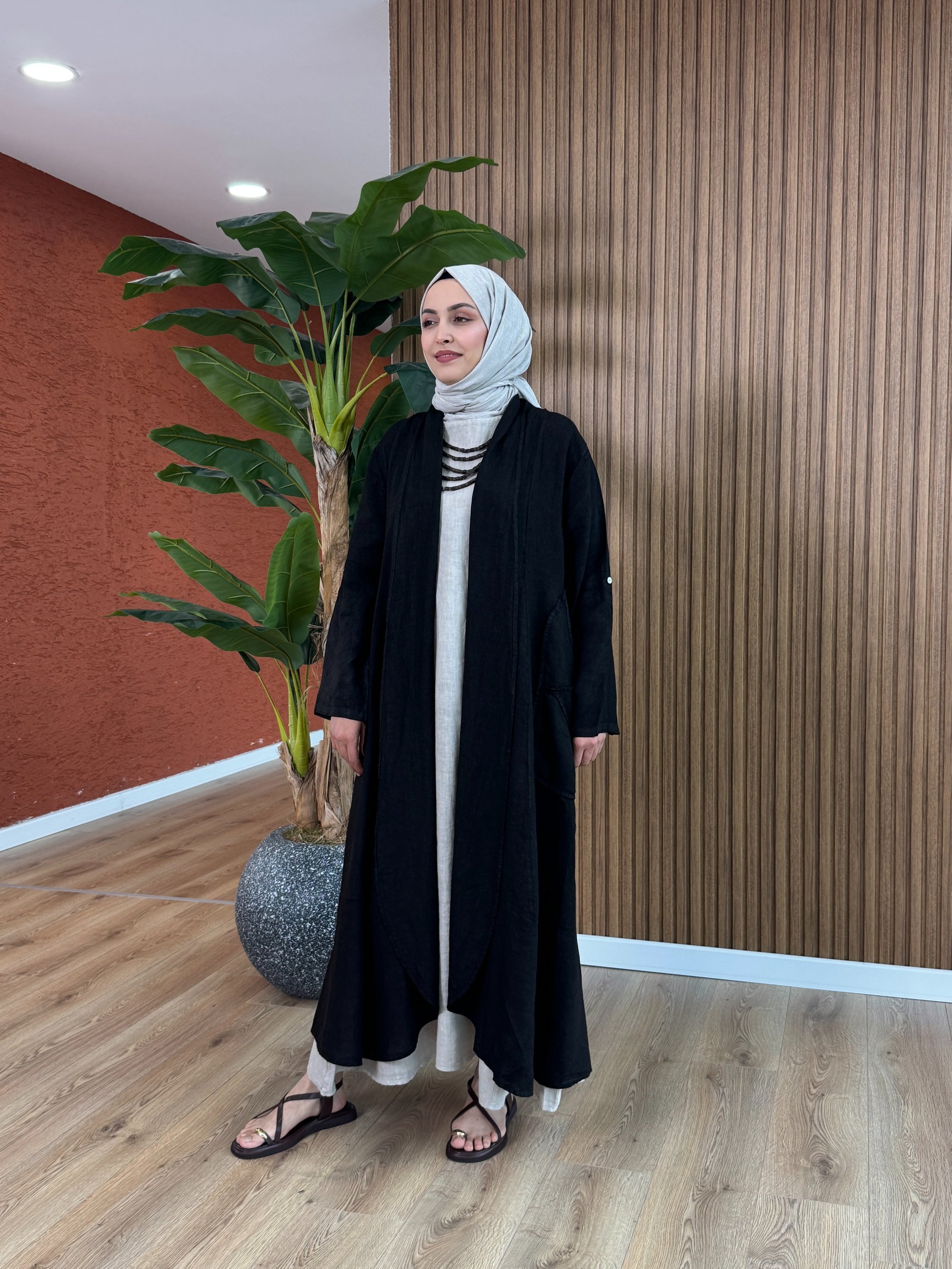 Mine Tasarım Ham Keten Kap-Siyah