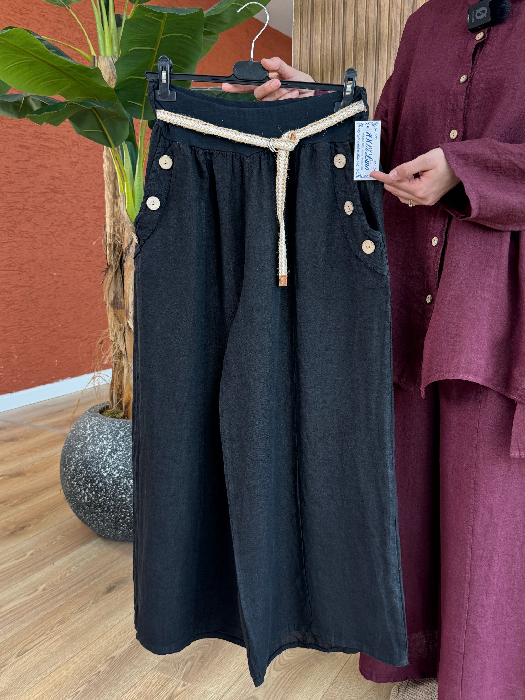 Nur İthal Ham Keten Pantolon - Siyah