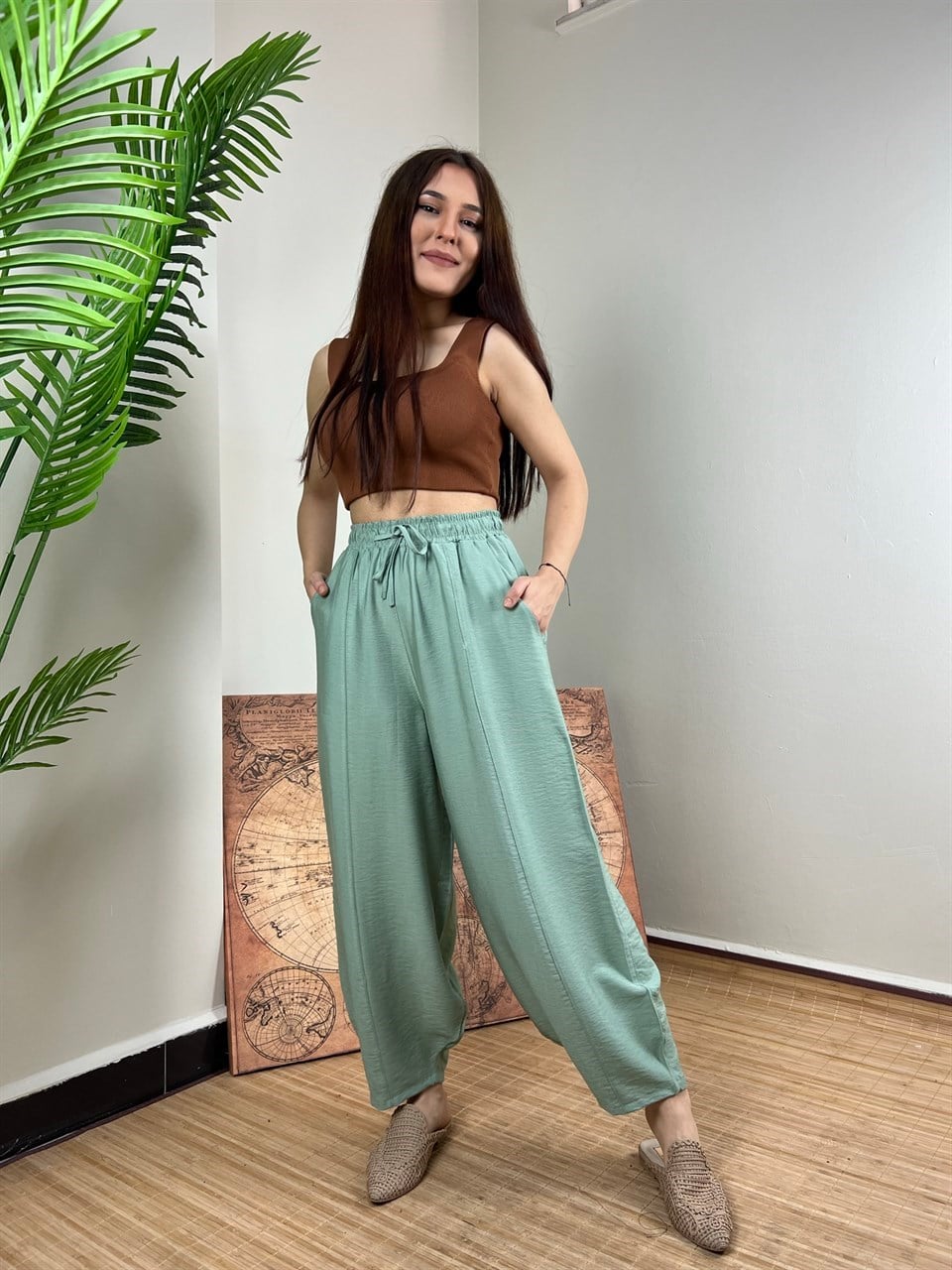 Qashmir Kadın Keten Şalvar Pantolon - Mint