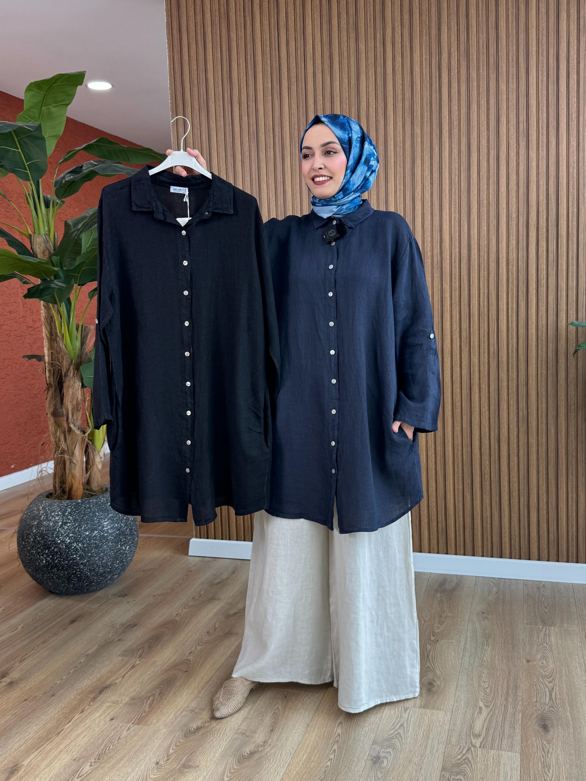 Sare İthal % 100 Ham Keten Tunik-Siyah