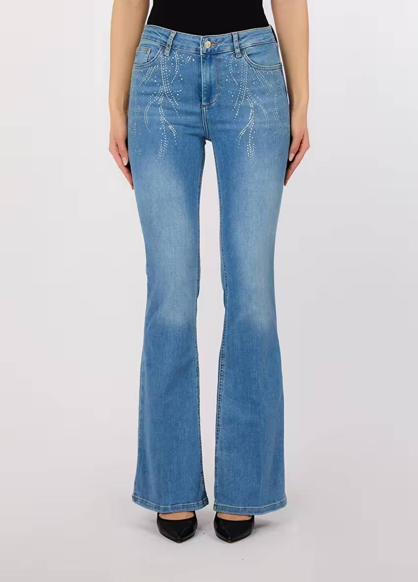 Taşlı Flare Jean Pantolon
