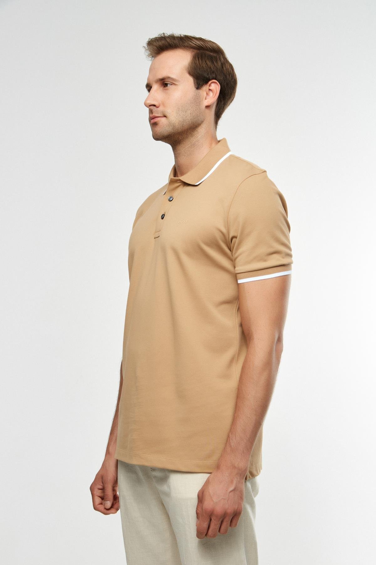BossBeyaz Biye Detaylı Bej Polo Yaka T-shirt