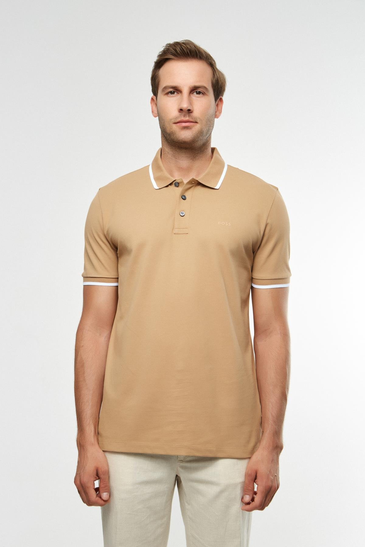 BossBeyaz Biye Detaylı Bej Polo Yaka T-shirt