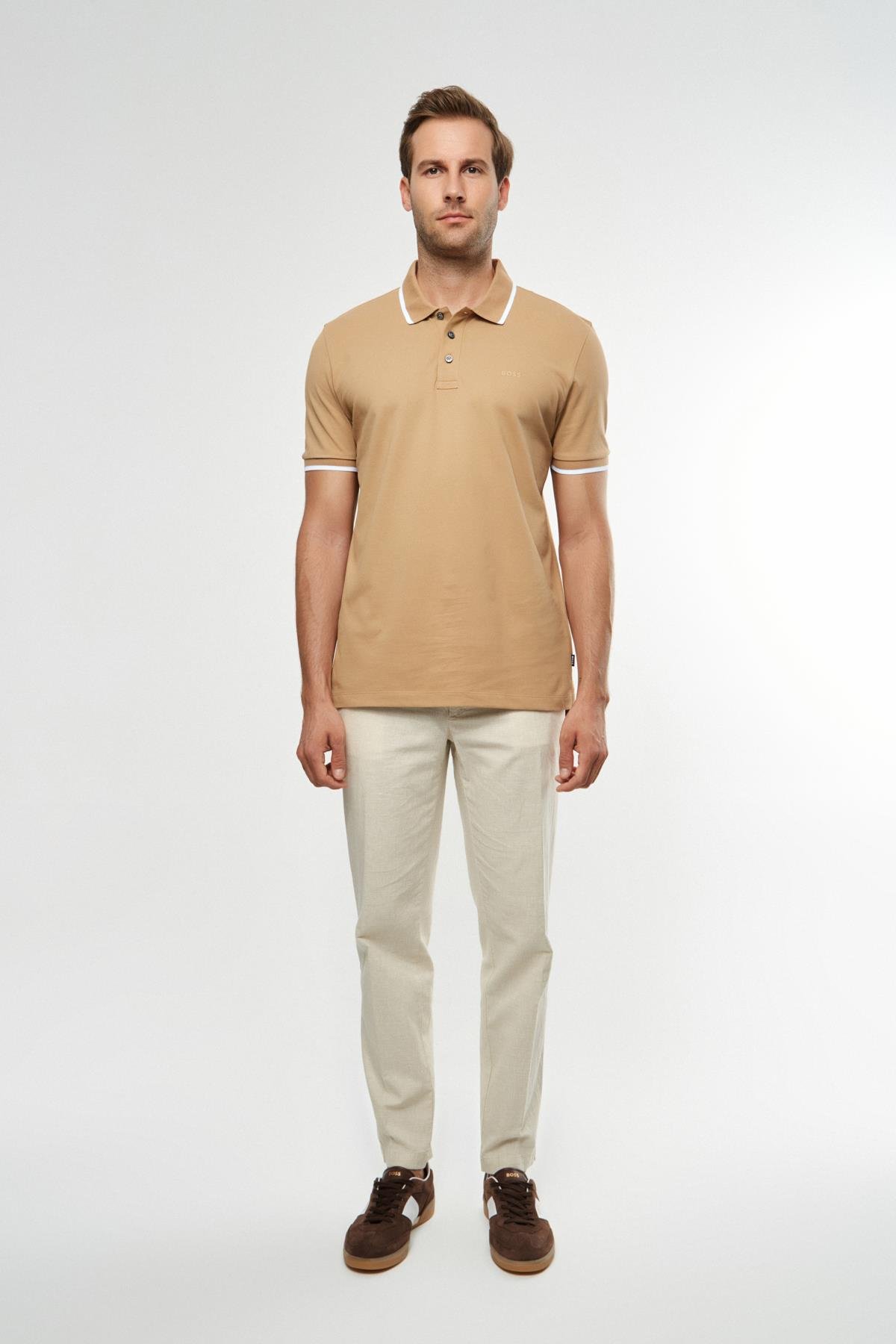 BossBeyaz Biye Detaylı Bej Polo Yaka T-shirt